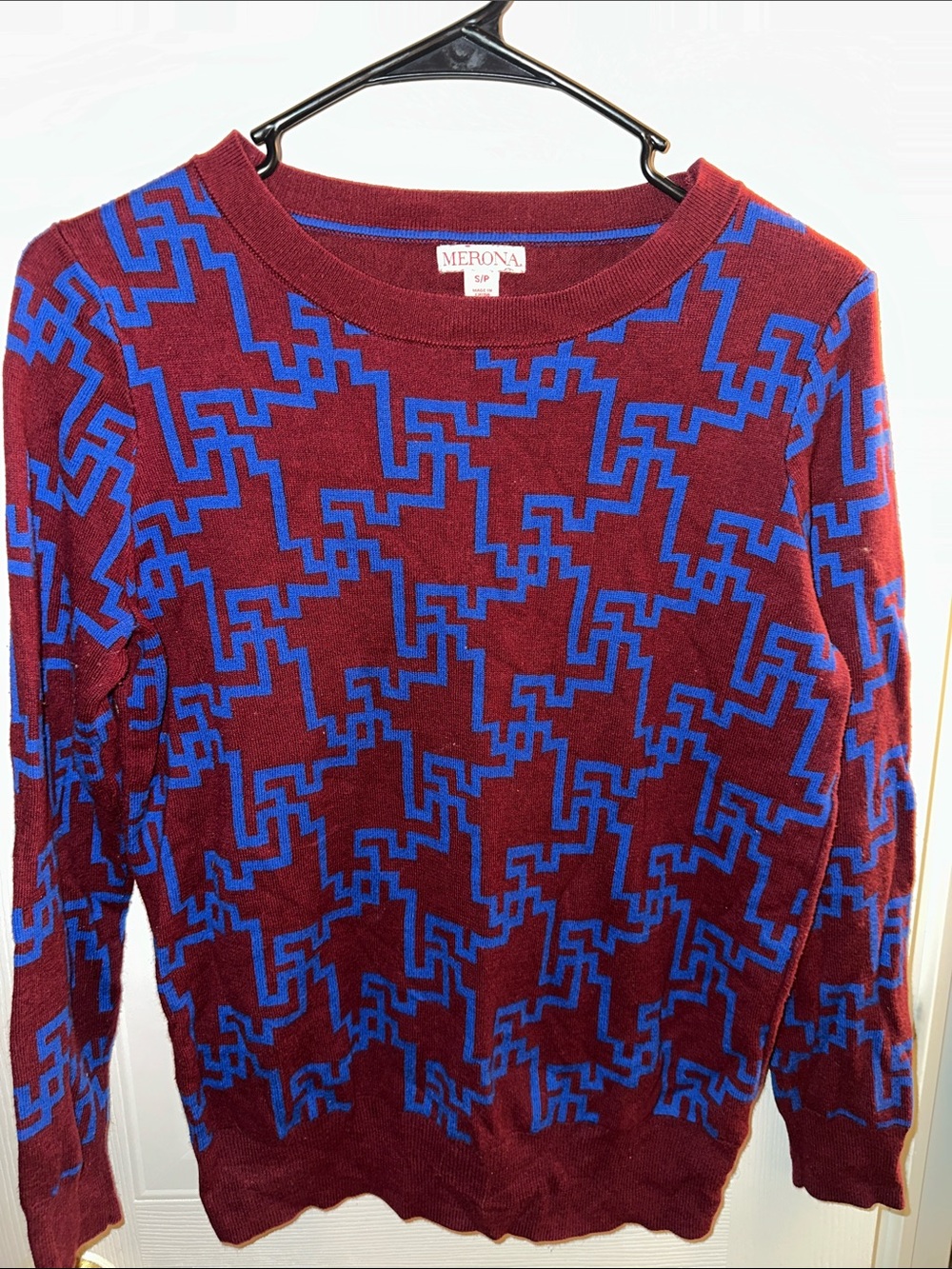 Merona Burgundy Crewneck Sweater with Blue Geometric Pattern